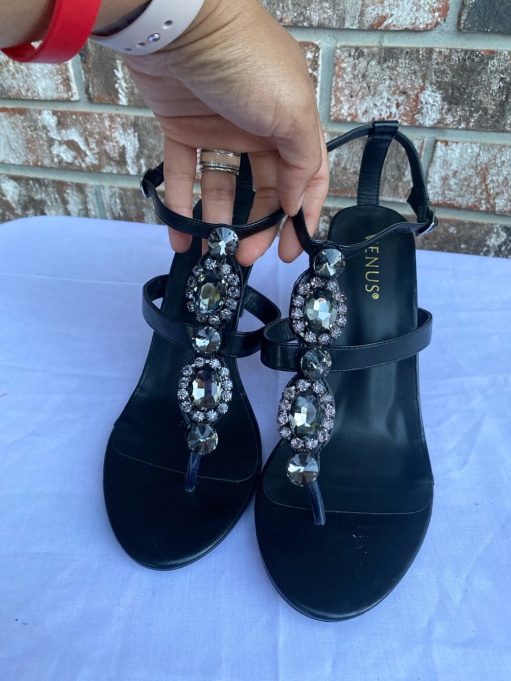 VENUS Black Jeweled T-Strap Sandals